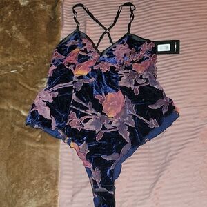 Floral Velvet Bodysuit - Purple Blue and Pink Black Browns M
